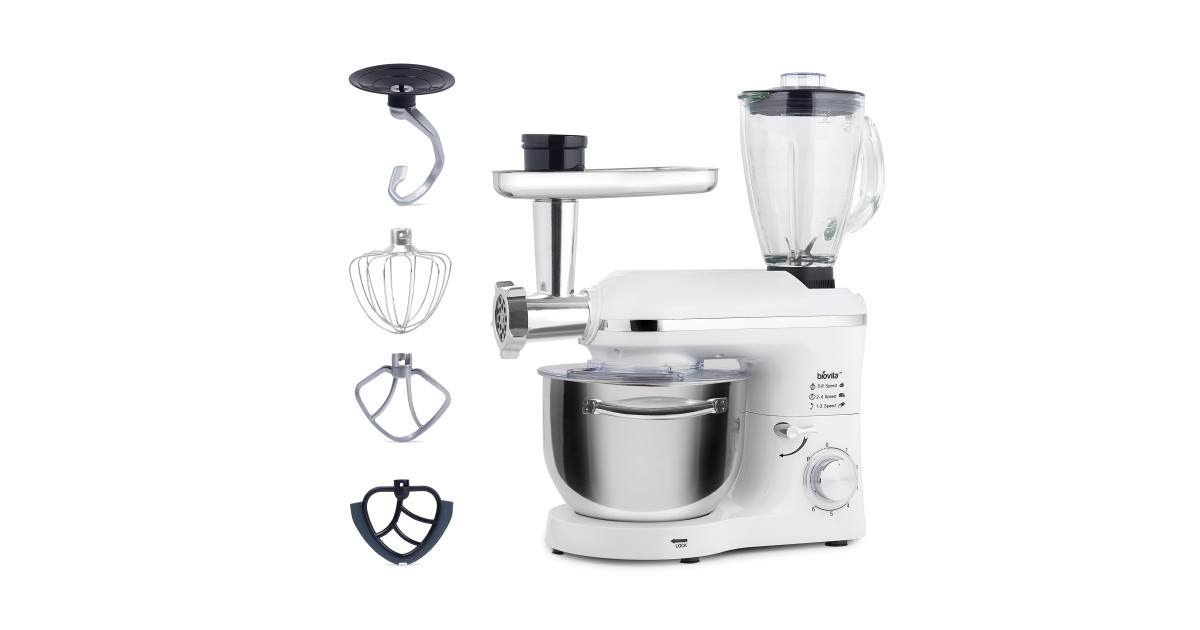 Mixer cu bol de 6L din inox, 1500W, cu tocător și blender, Alb