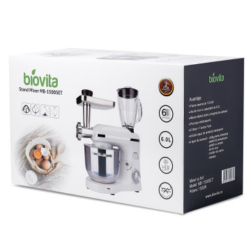 Mixer cu bol de 6L din inox, 1500W, cu tocător și blender, Alb