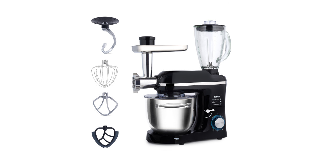 Mixer cu bol de 6L din inox, 1500W, cu tocător și blender și accesorii, Negru