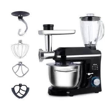 Mixer cu bol de 6L din inox, 1500W, cu tocător și blender și accesorii, Negru