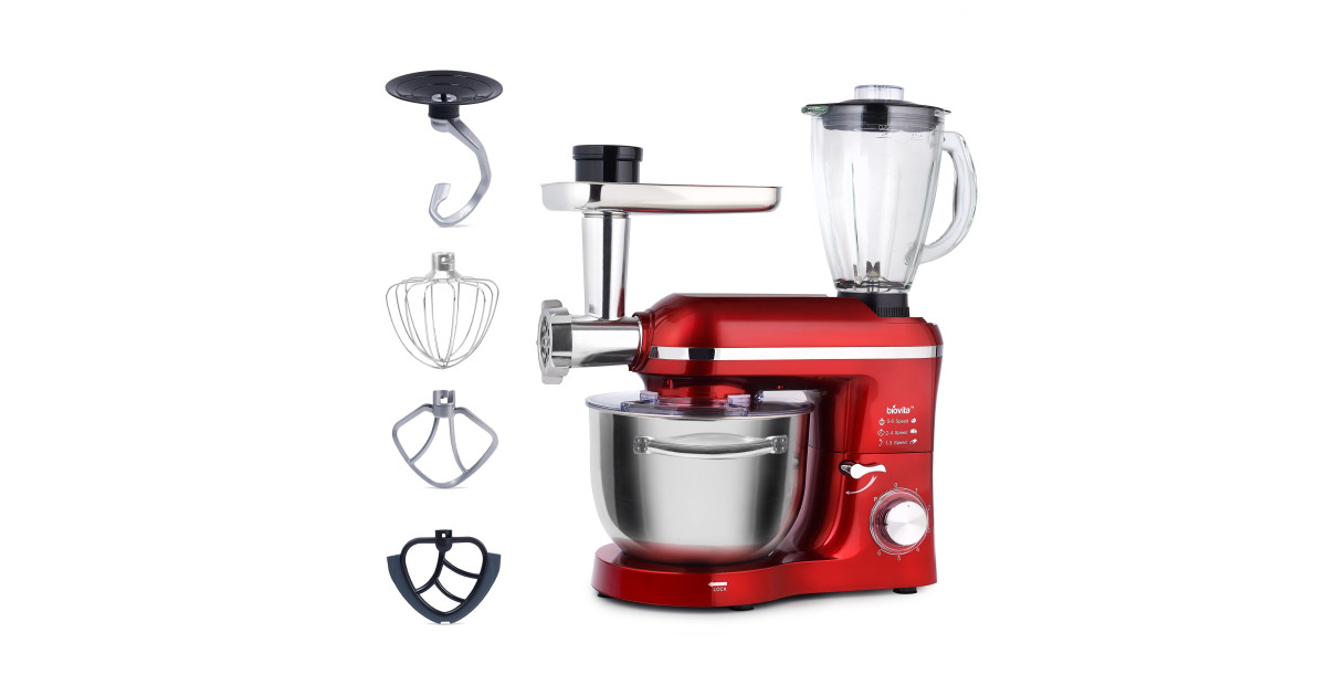 Mixer cu bol de 6L din inox, 1500W, cu tocător și blender și accesorii, Roșu