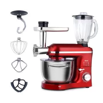 Mixer cu bol de 6L din inox, 1500W, cu tocător și blender și accesorii, Roșu