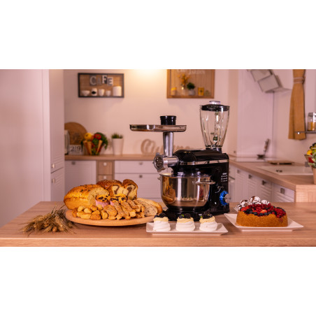 Mixer cu bol de 6L din inox, 1500W, cu tocător și blender, Negru