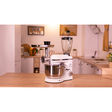 Mixer cu bol de 6L din inox, 1500W, cu tocător și blender, Alb