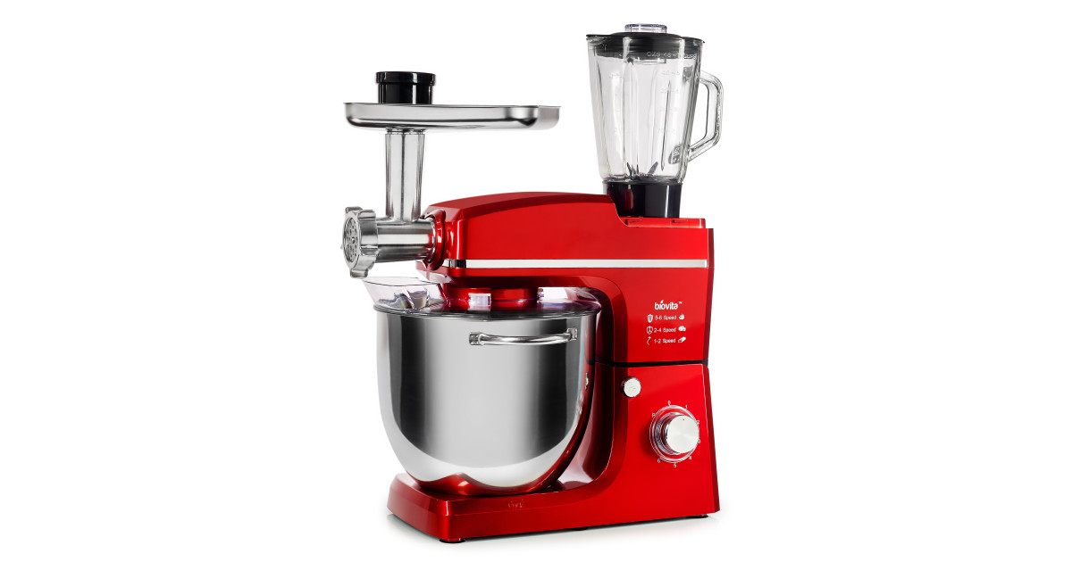 Mixer cu bol de 10L din inox, putere 1500W, cu tocător și blender, Roșu