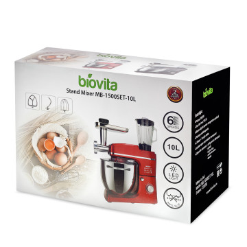 Mixer cu bol de 10L din inox, putere 1500W, cu tocător și blender, Roșu