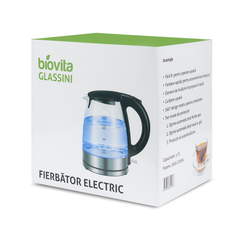 Fierbător electric Biovita Glassini, 1.7L,2200W, Sticla/Inox