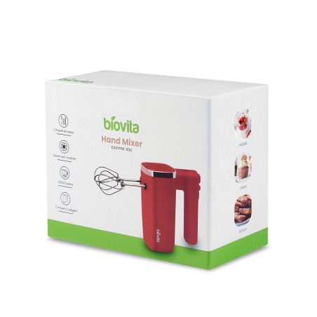 Mixer de mana rosu, Biovita EASYMIX-500, accesorii din inox, putere 500W, Cutie