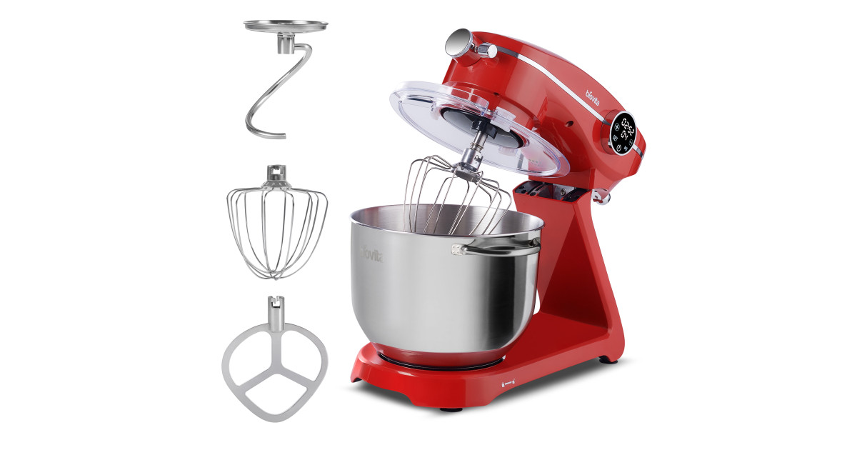 Mixer cu bol Biovita MB-1800-NOVA, 1800W, 6L, rosu, accesorii din inox