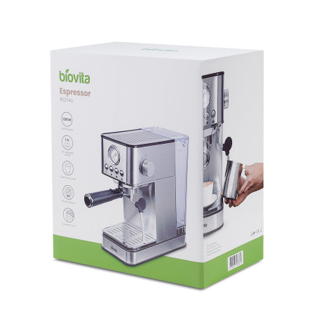 Espressor Biovita ROYAL, 1200W, 1.7L, 20 bari, carcasă inox, spumare, Argintiu, Cutie