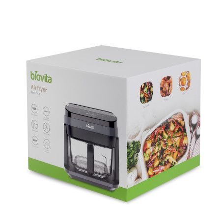 Friteuză cu aer cald, Biovita PRESTIGE, tăviță din inox, 5.5L, coș din sticlă, 1200W, cutie