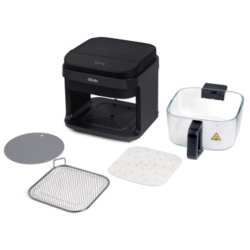 Friteuză cu aer cald, Biovita PRESTIGE, tăviță din inox, 5.5L, coș din sticlă, 1200W, rezistenta de incalzire