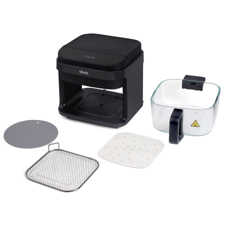 Friteuză cu aer cald, Biovita PRESTIGE, tăviță din inox, 5.5L, coș din sticlă, 1200W, rezistenta de incalzire