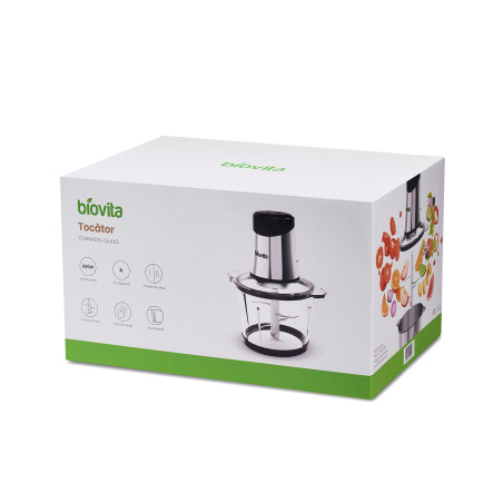 Tocător electric Biovita TORNADO-GLASS, 3L capacitate, vas din sticlă, 6 lame inox, 2 viteze, cutie
