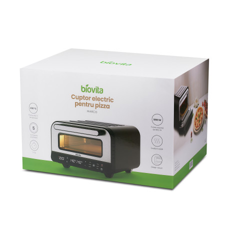 Cuptor electric pentru pizza Biovita MARCO, 1850W, 450°C temperatură maximă, încălzire dublă, 5 programe, cutie carton