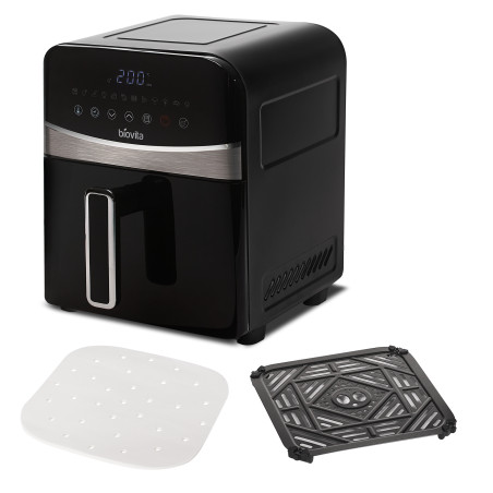Friteuză cu aer cald, Biovita CLASS, 1700W, 6L, 12 programe, încălzire dublă, componente, hartie de copt