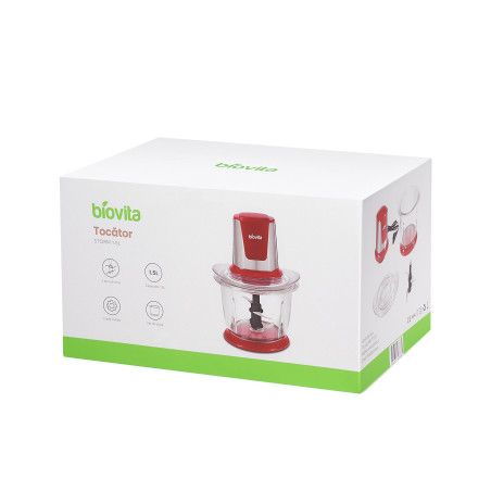 Tocător pentru alimente, 500W, 1.5 Litri, Biovita Storm, Rosu, Cutie