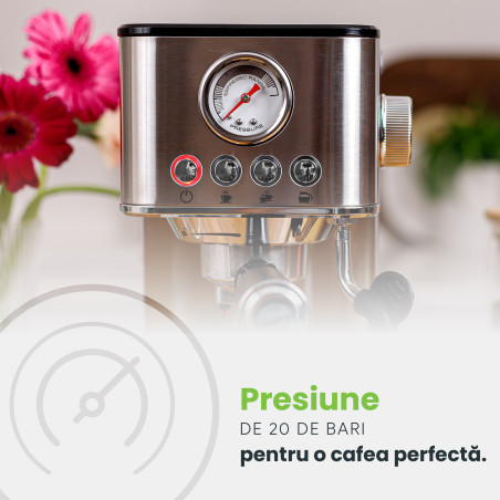 Espressor ROYAL, 1200W, 1.7L, 20 bari, carcasă inox, spumare, Argintiu