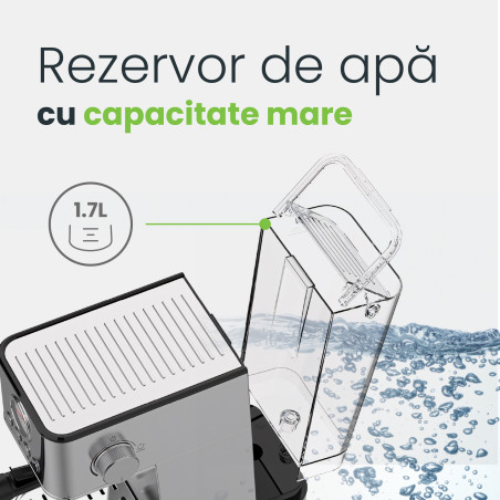 Espressor ROYAL, 1200W, 1.7L, 20 bari, carcasă inox, spumare, Argintiu