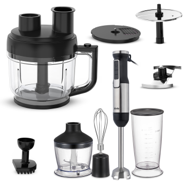 Blender de mână BLENDY, 8 accesorii, 800W, vas 2L, tocător, tel, vas 800 ml, tăietor cubulețe, marunțitor și feliator