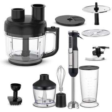 Blender de mână BLENDY, 8 accesorii, 800W, vas 2L, tocător, tel, vas 800 ml, tăietor cubulețe, marunțitor și feliator 1