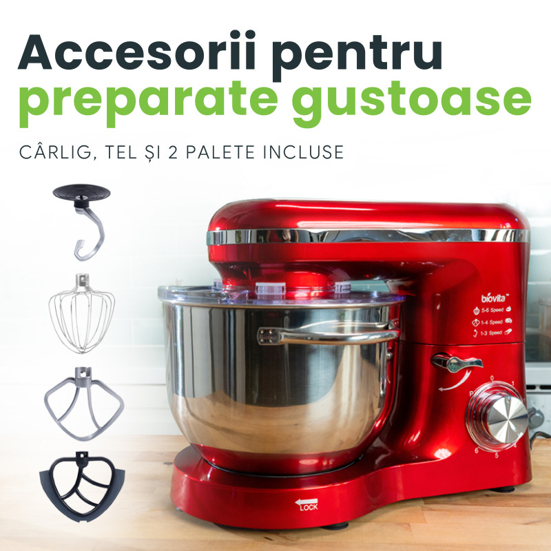 Mixer cu bol de 6L din inox, MB-1500PRO, 2 kg aluat, putere 1500W, 4 accesorii, 6 viteze + puls, Alb 7