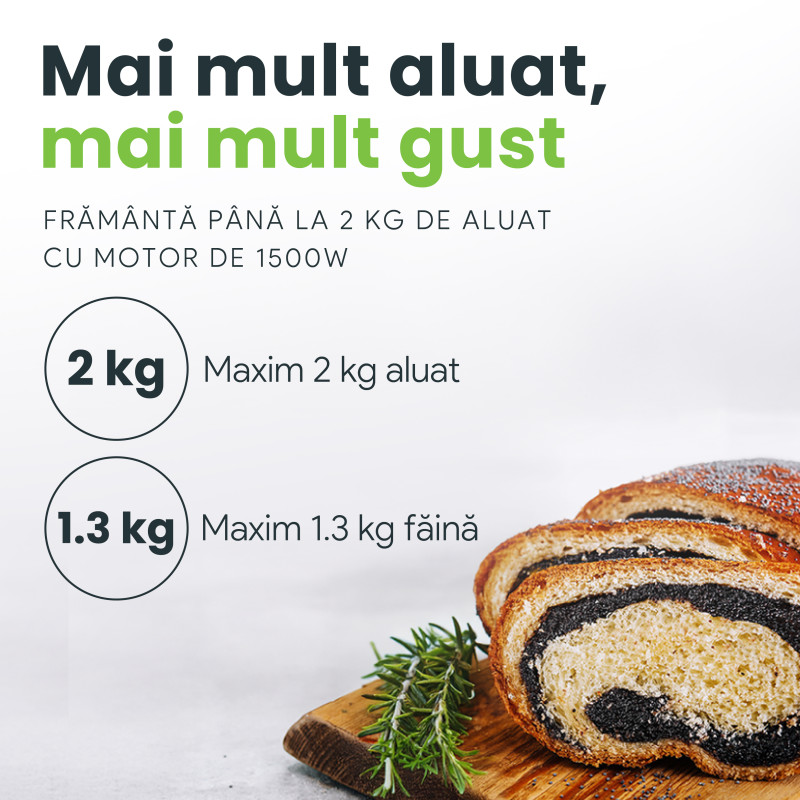 Mixer cu bol de 6L din inox, MB-1500PRO, 2 kg aluat, putere 1500W, 4 accesorii, 6 viteze + puls, Alb 3