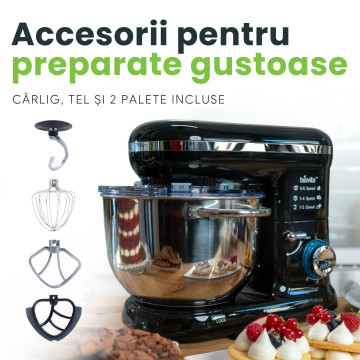 Mixer cu bol de 5.5L din inox, MB-1300, 1.6 kg aluat, putere 1400W, 4 accesorii, 6 viteze + puls, Negru 7