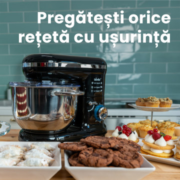 Mixer cu bol de 5.5L din inox, MB-1300, 1.6 kg aluat, putere 1400W, 4 accesorii, 6 viteze + puls, Negru 9