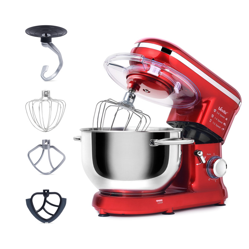 Mixer cu bol de 5.5L din inox, MB-1300, 1.6 kg aluat, putere 1400W, 4 accesorii, 6 viteze + puls, Roșu 1