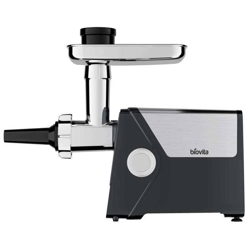 Mașină de tocat carne Biovita MAX-2400, 2400W, angrenaje metalice, cuțit din inox, Accesoriul pentru cârnați (pâlnie + adaptor).