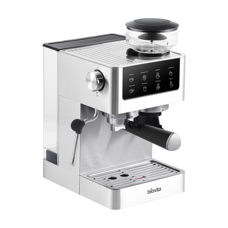 Espressor Biovita OPERA, 1350W, 20 bari, 5 programe, râșniță. Rezervor 1.8L, spumare lapte și afișaj tactil digital.