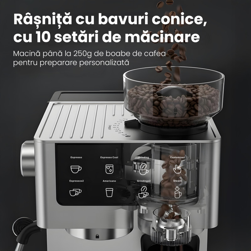 Espressor Biovita OPERA, 1350W, 20 bari, 5 programe, râșniță. Rezervor 1.8L, spumare lapte și afișaj tactil digital.