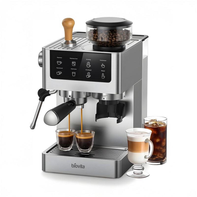 Espressor Biovita OPERA, 1350W, 20 bari, 5 programe, râșniță. Rezervor 1.8L, spumare lapte și afișaj tactil digital.