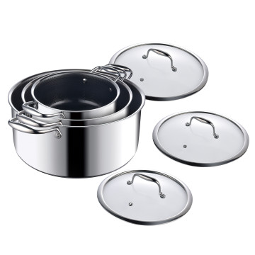 Set oale inox și ceramică, fără PFAS, 3 oale (2.8L, 5L, 8L), antiaderente, 3 straturi, compatibile cu orice plită sau aragaz
