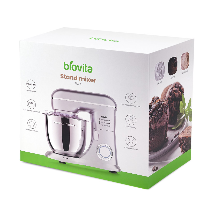 Mixer cu bol ELLA, 1300W, bol inox 4.5L, 10 viteze, 3 accesorii, design compact, roșu 10