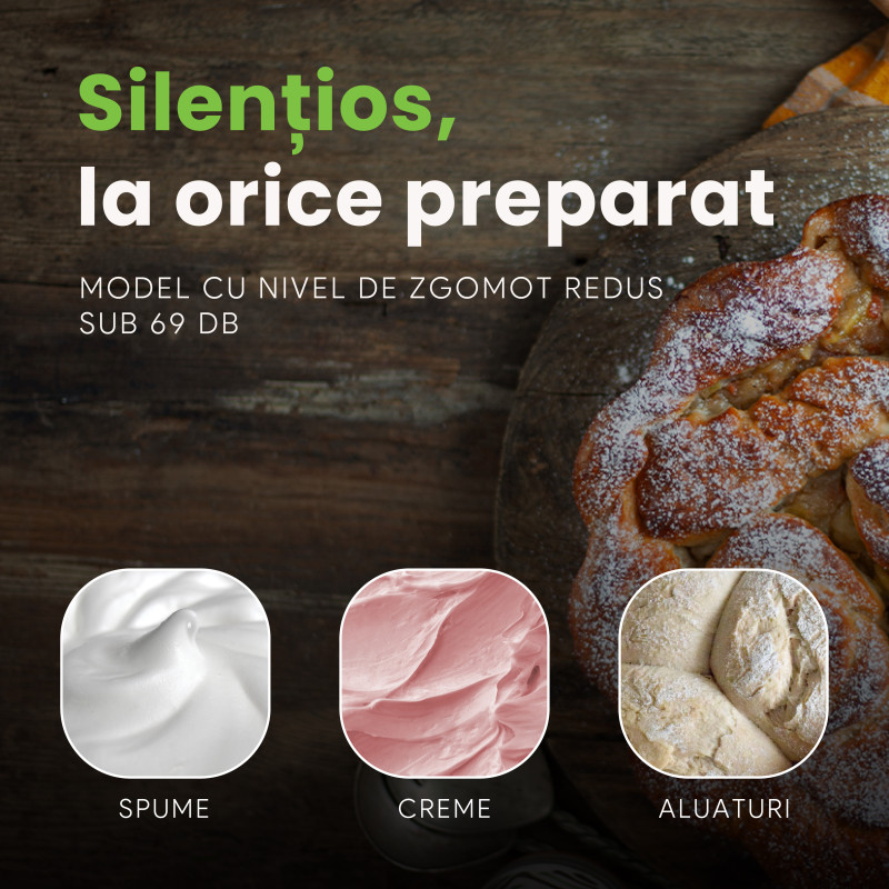 Mixer cu bol profesional, 7L din inox, 1800W, 2.4 kg aluat, carcasă aluminiu, silențios, MB-1800-MAX PRO, Negru 2