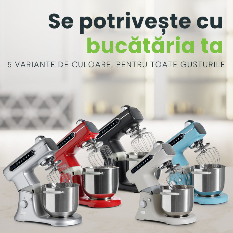 Mixer cu bol profesional, 7L din inox, 1800W, 2.4 kg aluat, carcasă aluminiu, silențios, MB-1800-MAX PRO, Negru 9