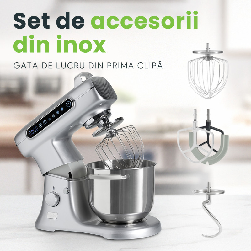 Mixer cu bol profesional, 7L din inox, 1800W, 2.4 kg aluat, carcasă aluminiu, silențios, MB-1800-MAX PRO, Argintiu 5