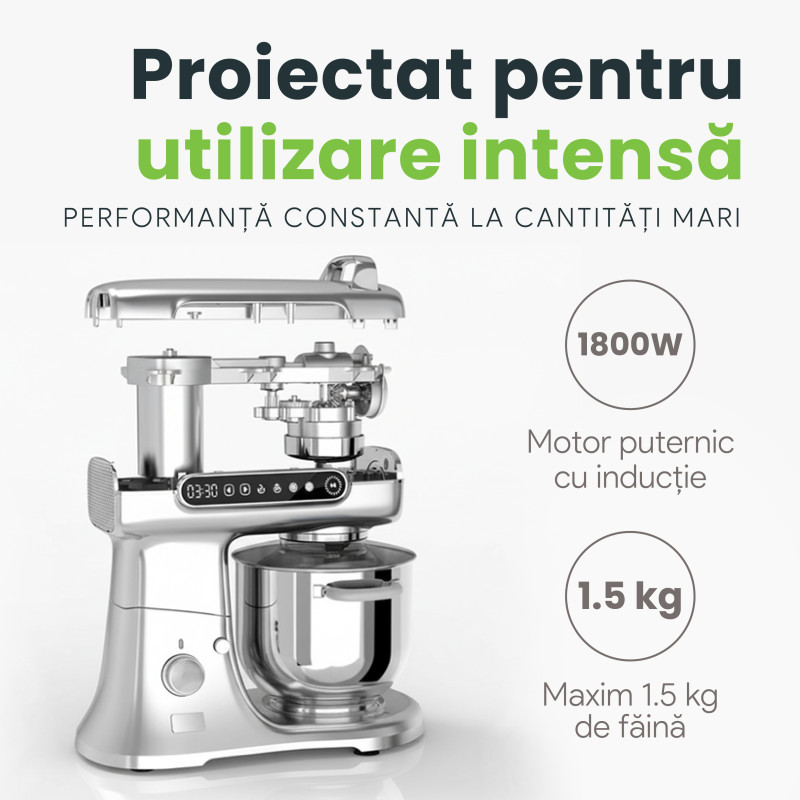 Mixer cu bol profesional, 7L din inox, 1800W, 2.4 kg aluat, carcasă aluminiu, silențios, MB-1800-MAX PRO, Albastru 3