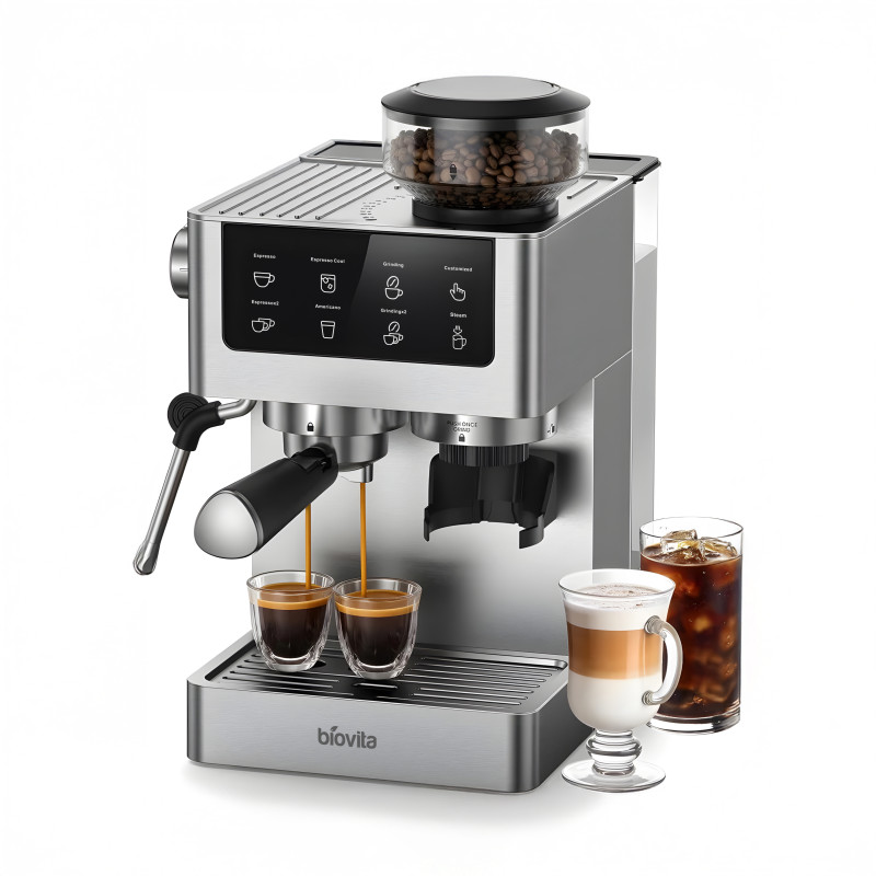 Espressor Biovita OPERA, 1350W, 20 bari, 5 programe, râșniță. Rezervor 1.8L, spumare lapte și afișaj tactil digital.