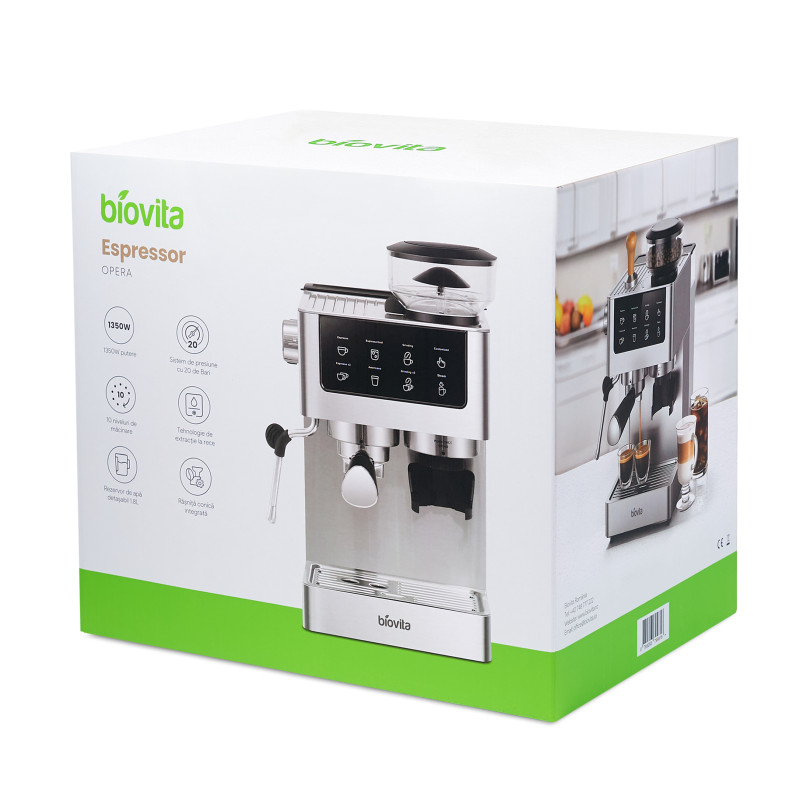 Espressor Biovita OPERA, 1350W, 20 bari, 5 programe, râșniță. Rezervor 1.8L, spumare lapte și afișaj tactil digital, cutie