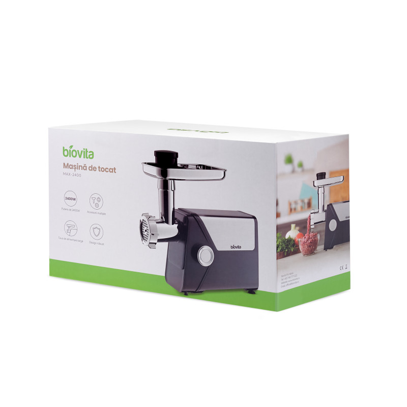 Mașină de tocat carne Biovita MAX-2400, 2400W, 3 site metalice, cutie