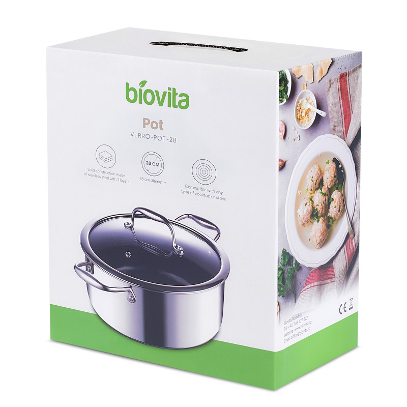 Oală inox și ceramică, cu capac, antiaderentă, VERRO-POT-28, 28 cm, cu 3 straturi, compatibilă cu orice plită sau aragaz, cutie