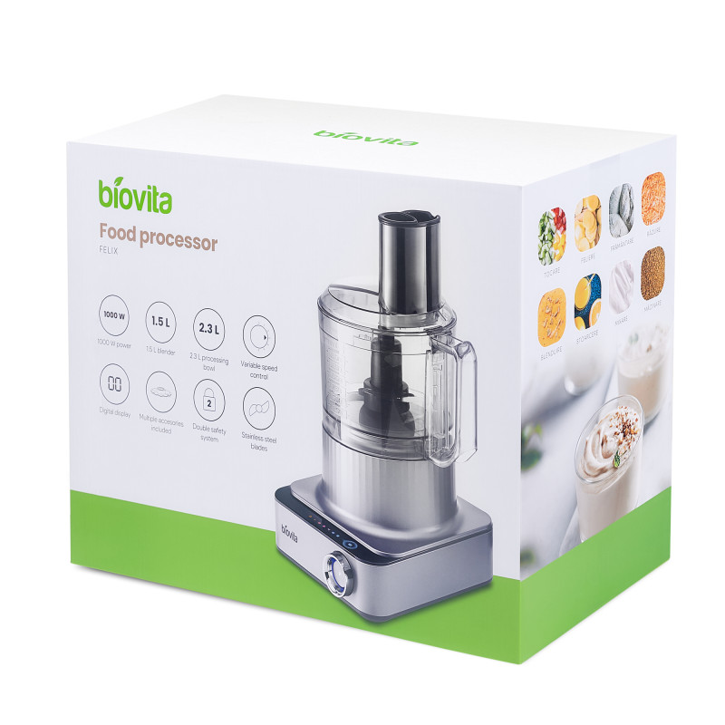Robot de bucătărie FELIX, cu blender de 2L, Vas procesator de 2.3L, 12 funcții, 10 accesorii, râșniță, storcător, 1000W, cutie