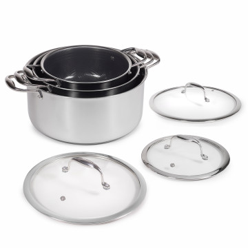 Set oale inox și ceramică, fără PFAS, 3 oale (2.8L, 5L, 8L), antiaderente, 3 straturi, compatibile cu orice plită sau aragaz
