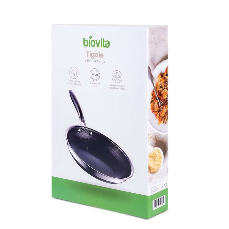 Tigaie inox și ceramică, VERO-PAN-26, 26 cm, suprafață antiaderentă cu 3 straturi, compatibilă cu orice plită sau aragaz, cutie