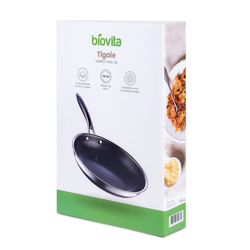 Tigaie inox și ceramică, VERO-PAN-28, 28 cm, suprafață antiaderentă cu 3 straturi, compatibilă cu orice plită sau aragaz, cutie