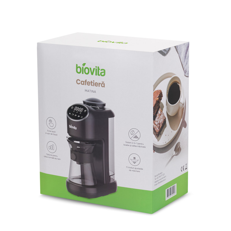 Aparat cafea, râșniță încorporată, cafea boabe sau măcinată, programare 24h, Biovita MATINA, cutie