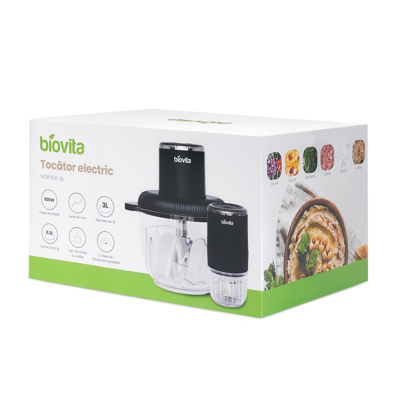 Tocător electric cu vas de 3 litri și 300 ml, putere de 500W. Chopper cu cutite din inox, cutie